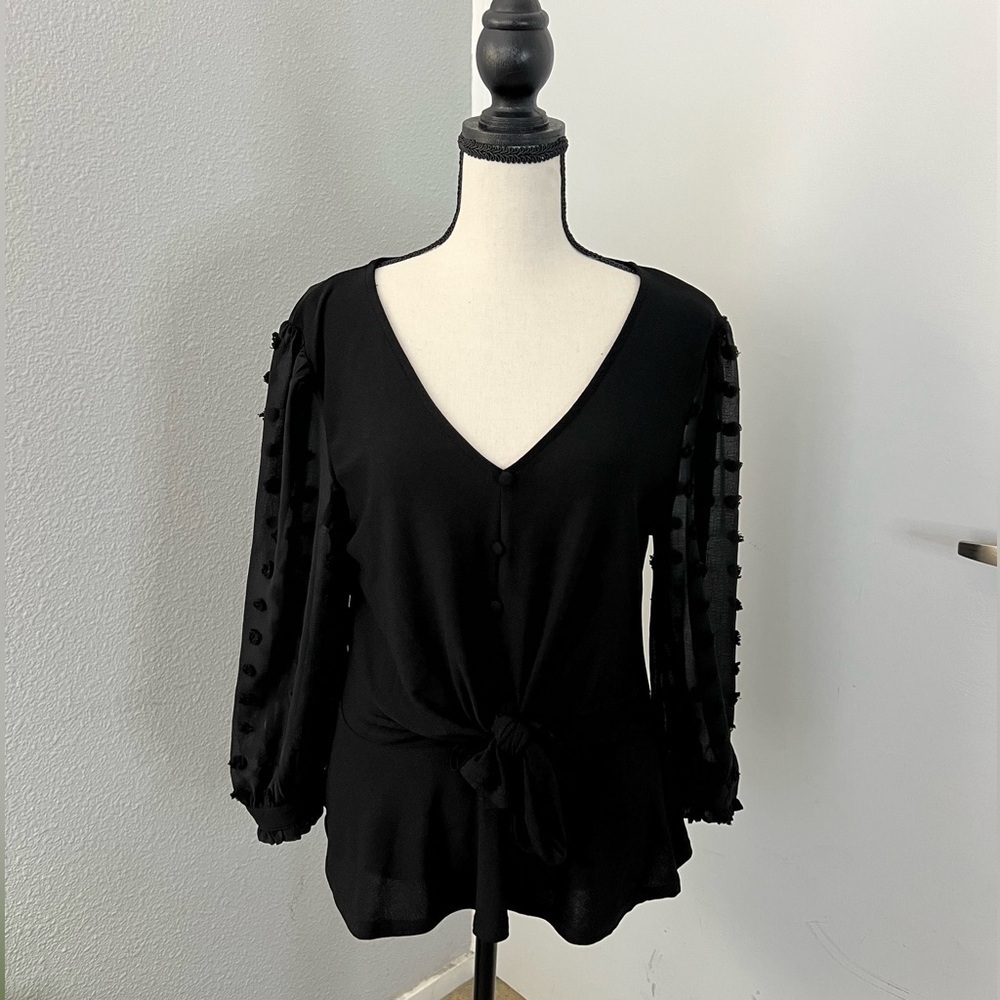 Black V-neck Blouse with Polka Dot Sleeves - Size M